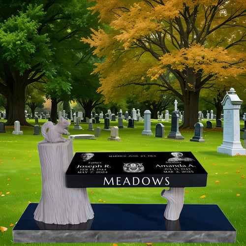 Whispering Woods Hand-carved companion Memorial Bench Headstone / Seat: 30" x 12" x 4" Base: 48" x 14" x 4" Pedestal: 12" x 12" x 15"